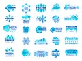 Frozen product logo. Snow and winter snowflakes from ice stylized symbols for logo design cold food temperatures recent