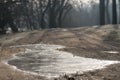 Frozen puddle on a dirt road in the morning