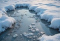 Frozen puddle surrounded by snow, showcasing intricate ice patterns Royalty Free Stock Photo