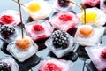 frozen raspberries berries cherries and blackberries in pieces of ice in a glass bowl on a black background