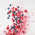 Frozen Raspberries and Blueberries Burst Against White Background Royalty Free Stock Photo