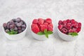 Frozen raspberries, blueberries and strawberries in bowls on a gray concrete background. Storage and use of frozen products Royalty Free Stock Photo
