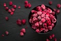 Frozen Raspberries in Bowl, Covered with Ice on Dark Background, Top View Royalty Free Stock Photo