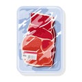 Frozen raw beef steak is on plastic tray under transparent food saran wrap. Royalty Free Stock Photo