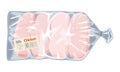 Frozen raw boneless skinless chicken breasts in plastic transparent bag. Meaty ingredients.
