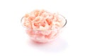 Frozen raw peeled shrimps in a glass bowl, isolated on a white, side view Royalty Free Stock Photo