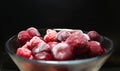 Side View Of Frozen Cherry And Raspberry Fruits In A Bowl Over Black Detailed Image