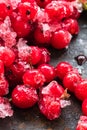 Frozen red currants closeup pile lie on a rusty surface. vertical