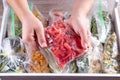 Frozen red peppers. Frozen vegetables in a plastic bag in refrigerator Royalty Free Stock Photo