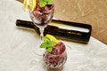 frozen red wine in two glass glasses decorated with a slice of lemon and lemon leaves and an empty glass bottle Royalty Free Stock Photo
