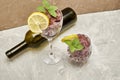 frozen red wine in two glass glasses decorated with a slice of lemon and lemon leaves and an empty glass bottle Royalty Free Stock Photo