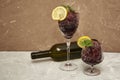 frozen red wine in two glass glasses decorated with a slice of lemon and lemon leaves and an empty glass bottle Royalty Free Stock Photo