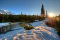 Frozen Reflection Lake at sunrise, Mount Rainier National Park Royalty Free Stock Photo