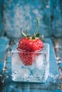 Frozen ripe strawberry in an ice cube, on a blue background. Copy space