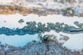 Frozen river, aerial or top view from drone of winter landscape with snow and lake or river in ice, abstract nature background Royalty Free Stock Photo