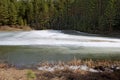 Frozen river bends green forest