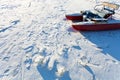 Frozen river boat in cold winter day Royalty Free Stock Photo