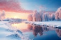 Frozen river or lake. Winter morning sunrise background. Beautiful winter panorama with fresh powder white snow. Nature landscape Royalty Free Stock Photo