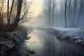 frozen river shrouded in mysterious morning fog