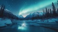 Frozen River Valley with Northern Lights Under a Starry Sky Royalty Free Stock Photo