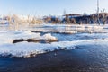 Frozen river and woods on ice in winter Royalty Free Stock Photo