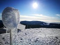 Frozen Road Sign in the Mountain Royalty Free Stock Photo