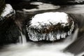 Frozen rock in a snowy stream, silky water around