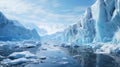 Frozen rocky coast of Antarctica, scenery of ocean water, ice and glacier. Antarctic landscape with snow, icebergs and sky.