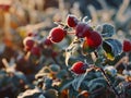 Frozen rosehips in the morning sunlight. Beautiful natural background. Generative AI