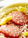 Frozen salami and pepperoni pizza close-up