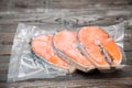 Frozen salmon fillets in a vacuum package Royalty Free Stock Photo