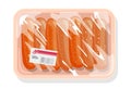 Frozen sausages, wieners are on plastic tray wrapped up kitchen film.