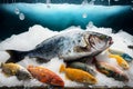 frozen sea fish on the ice counter illustration Generative AI