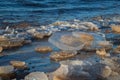 Frozen sea side beach panorama in winter with lots of ice and snow in late evening Royalty Free Stock Photo