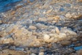 Frozen sea side beach panorama in winter with lots of ice and snow in late evening Royalty Free Stock Photo