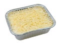 Frozen semi-finished lasagna in an aluminum container isolated