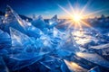 Frozen shards of ice, sunrise over a lake Royalty Free Stock Photo
