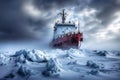 Frozen ship on the ice in the winter.