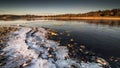 The frozen shoreline at Blue Marsh Lake during a winter cold spell