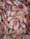 Frozen shrimp on the counter in the store. Semi-processed seafood and crustaceans. Seafood appetizer