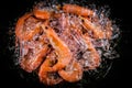 Frozen shrimp with ice cubes on a black background