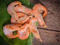 Frozen shrimp with ice cubes on a wood background Royalty Free Stock Photo