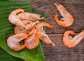 Frozen shrimp with ice cubes on a wood background Royalty Free Stock Photo