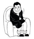 Frozen, sick unhappy man, wrapped in blanket, sits in chair and trembles. Vector illustration in doodle style. Male