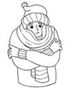 Frozen, sick and wrapped in scarf man shivering. vector illustration. linear doodle. Winter season and suffering of low