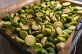 frozen sliced brussels sprouts on baking tray closeup