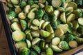 frozen sliced brussels sprouts on baking tray closeup