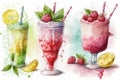 Frozen Smoothie, raspberry sherbet in glasses with fresh lemon and mint