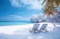 Frozen and snow-covered tropical beach with empty sun loungers. Royalty Free Stock Photo