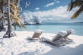 Frozen and snow-covered tropical beach with empty sun loungers. Choosing a location for a holiday. Getting out of season at a Royalty Free Stock Photo